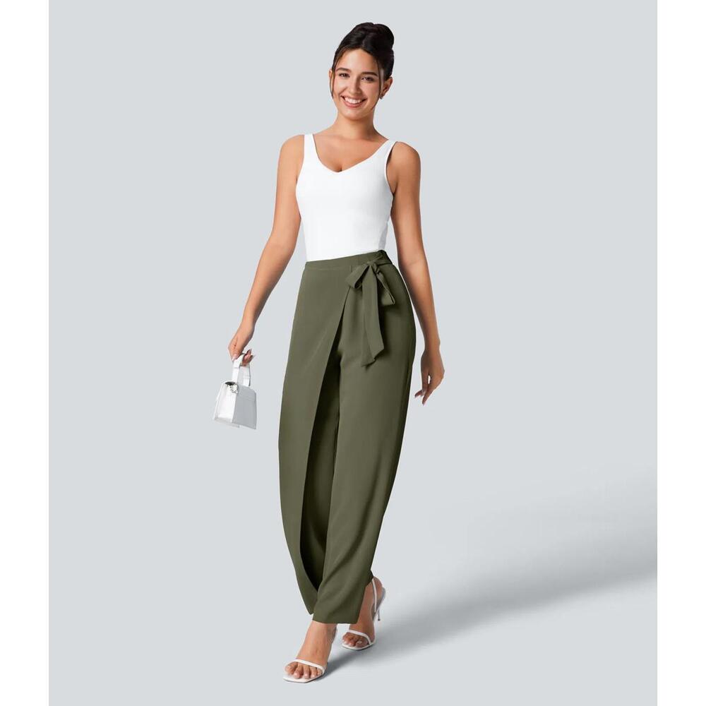NWT Halara High Waisted Tie Side Wide Leg Work Pants Burnt Olive Size Large - Picture 14 of 16
